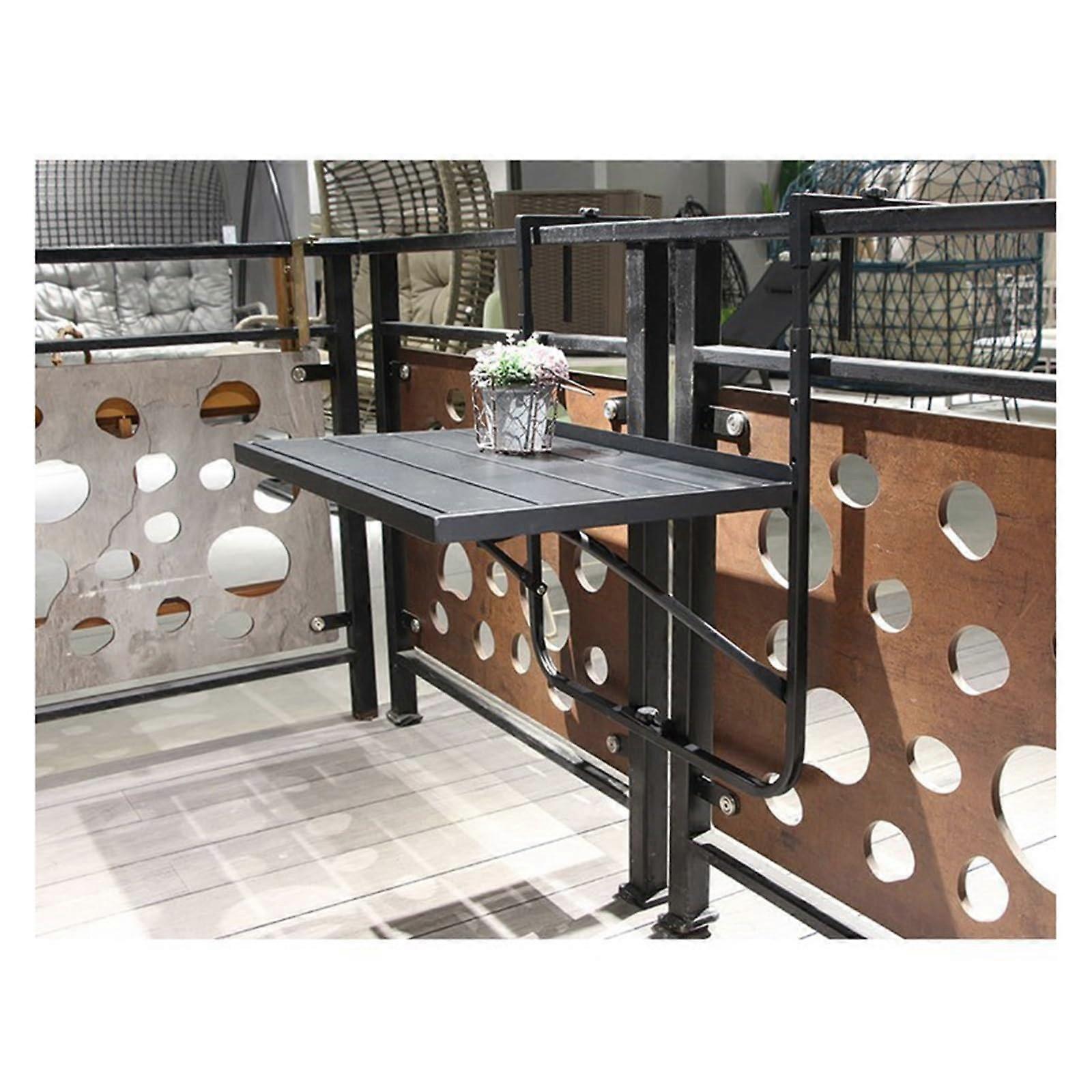 Adjustable Height Black Folding Balcony Bar Table for Railings, SpaceSaving Outdoor Patio Drink Table 60x40cm