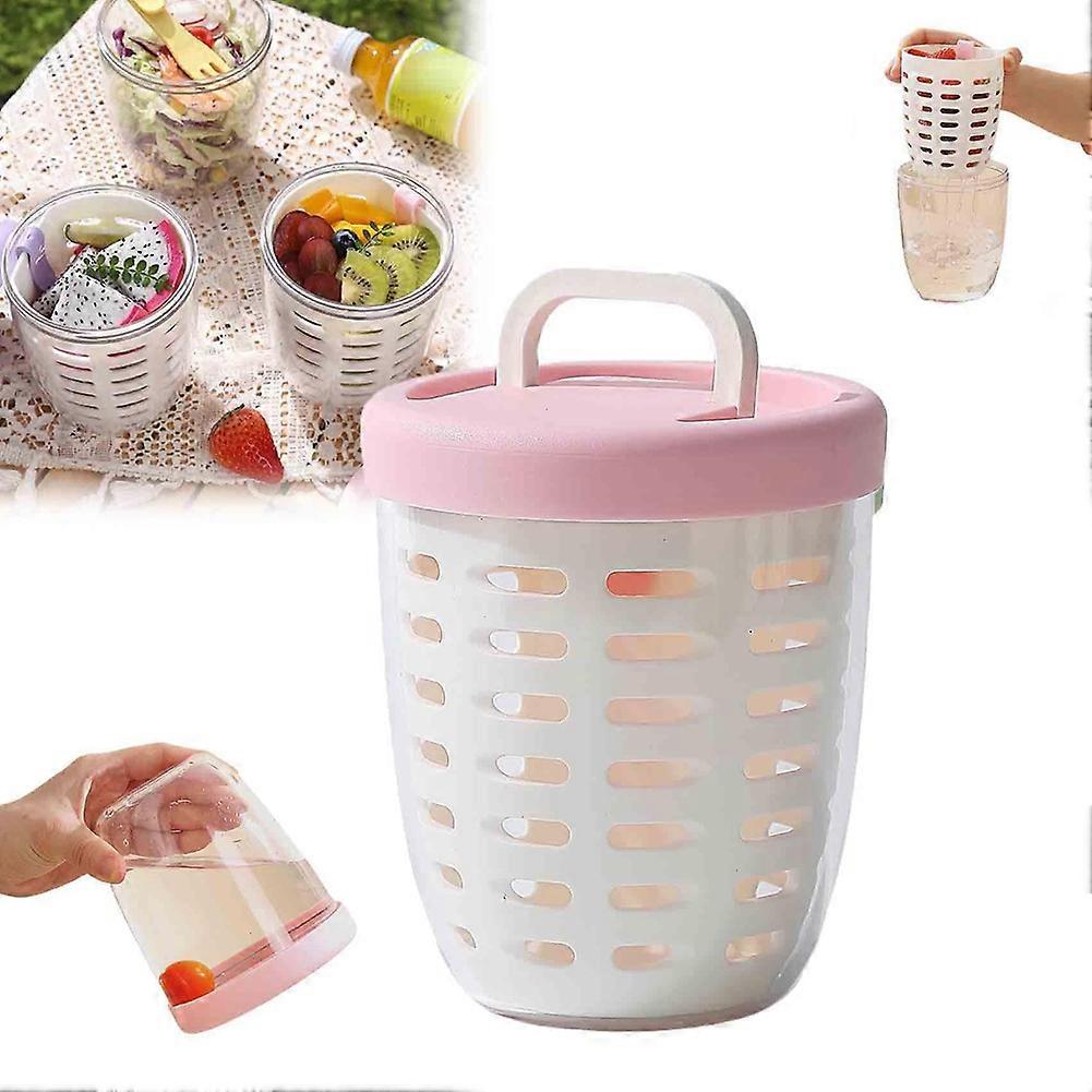 650ml Fruit Cup with Strainer,Leak-Proof, Protable Salad Container Includes Fork,Sealed Leak-Proof Salad Box Pink