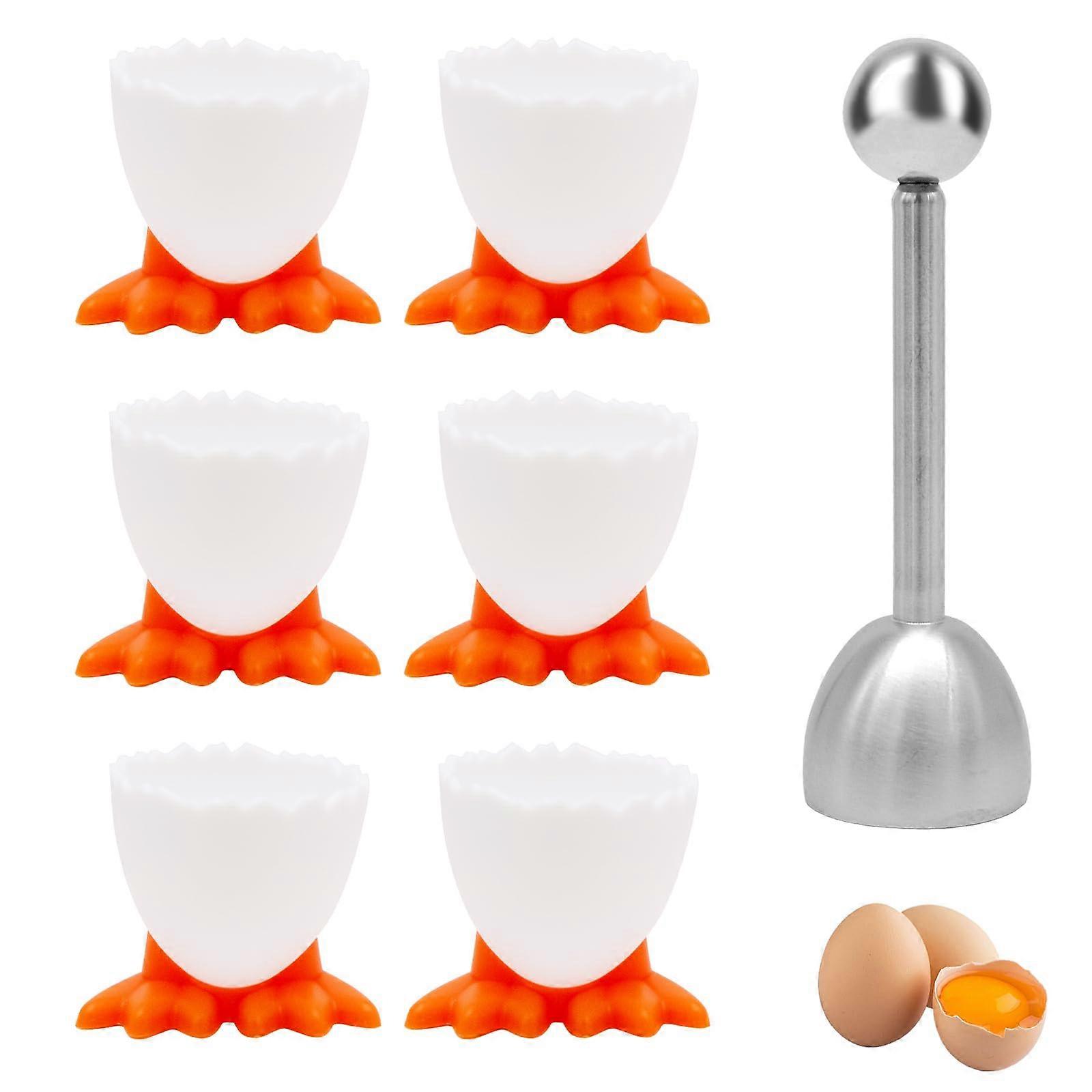 6 Pcs Cartoon Egg Cups with Opener, Durable Duckfoot Base Holders for Soft Boiled Breakfast Eggs White