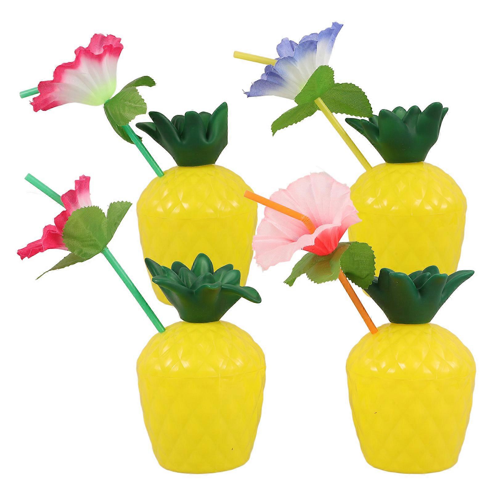 Pineapple Cups with Straws Cups for Hawaiian Party 4Pcs Set