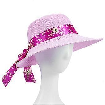 Handgemachter Weben Strohhut für Teenager Handweben Strandhut Urlaub Camping Frühling Sonne Hut mit Band Hut Band Dekore Rosa