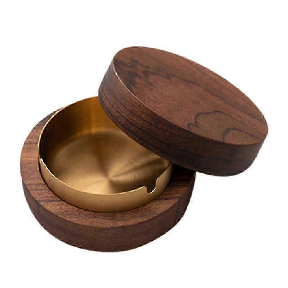 Walnut Ashtray With Lids Windproof Wooden Ashtray(gold)GOOD