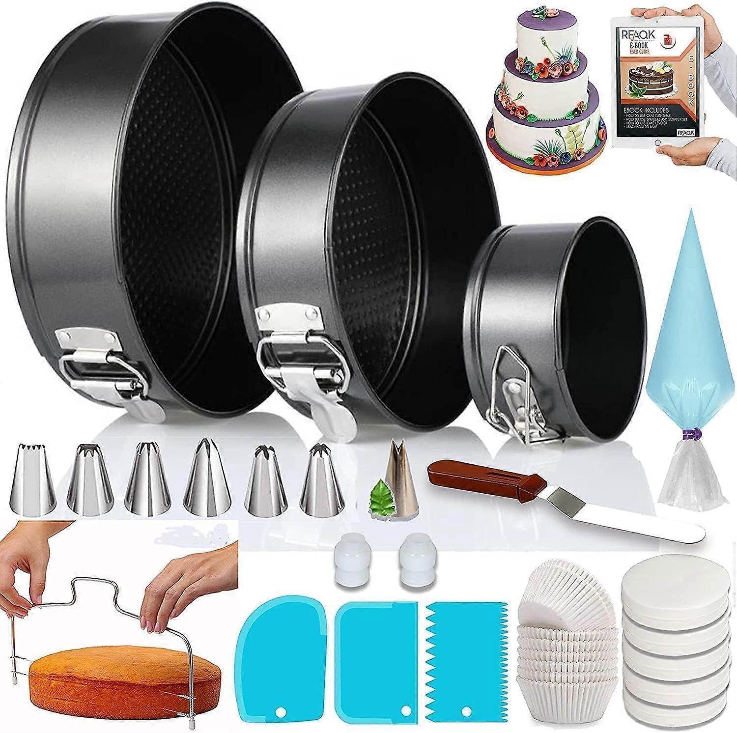 RFAQK Cake Tins for Baking 100 Pcs Springform Cake Tins Kit Includes Round Non-Stick Cake Pan Piping Bags and Nozzles-Leveler–Leak -Bakeware