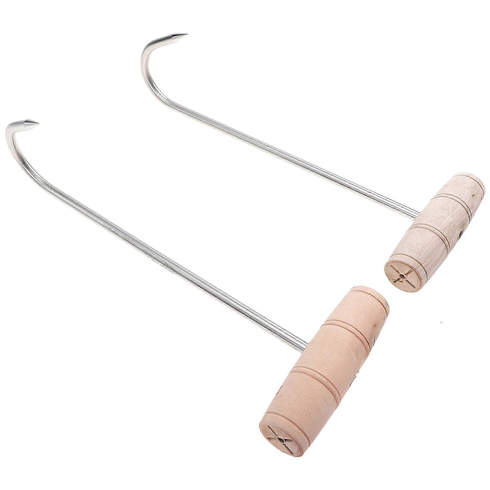 T Shaped Meat Hooks Stainless Steel Hooks with Wood Handle for Processing 2Pcs
