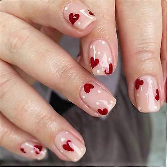 24pcs Short Square Press on Nails with Glue, French Valentine Heart Design, Durable and Reusable Set