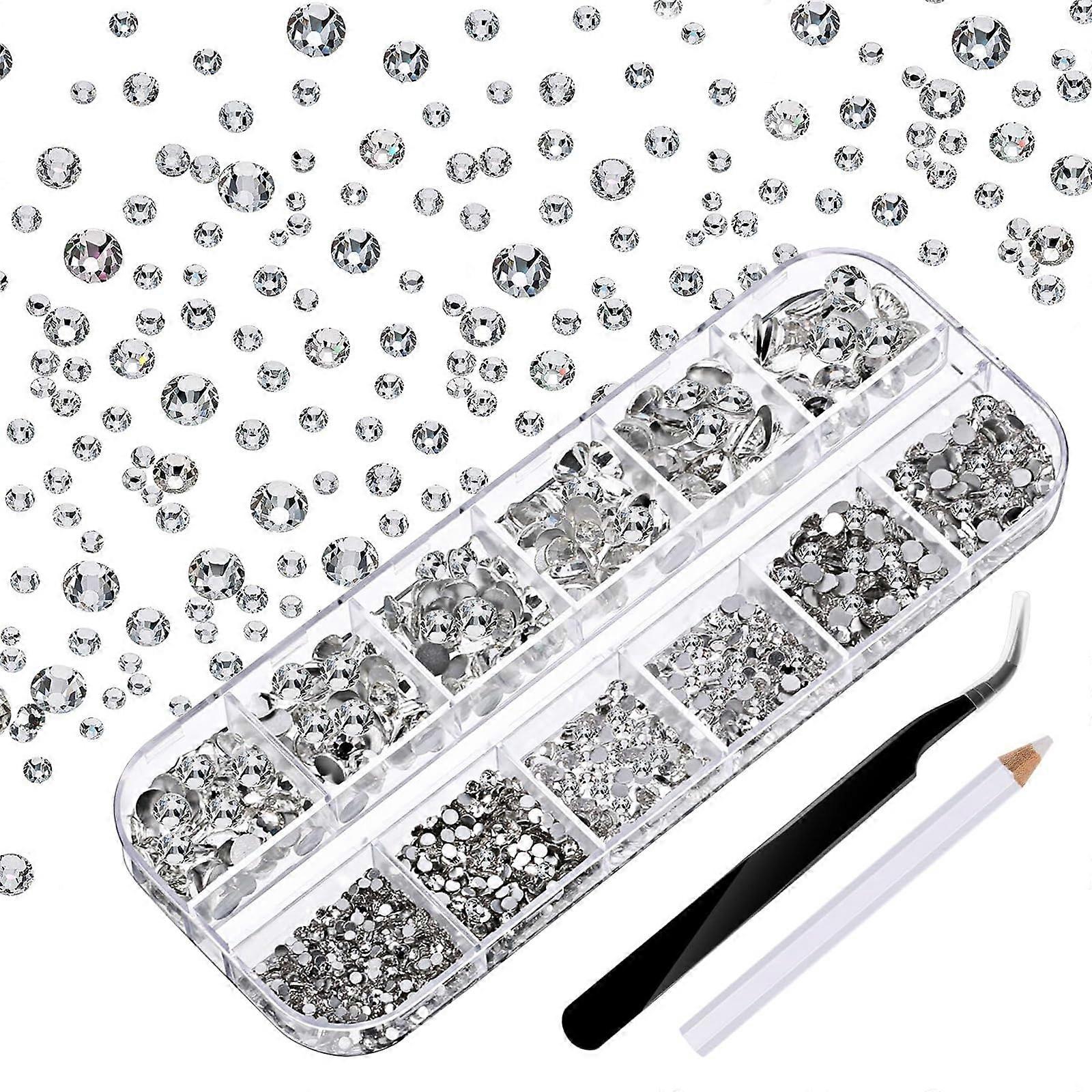 Nail Art Rhinestones Set 1500pcs Clear Flatback MultiSize Crystals with Picker Tools and Tray