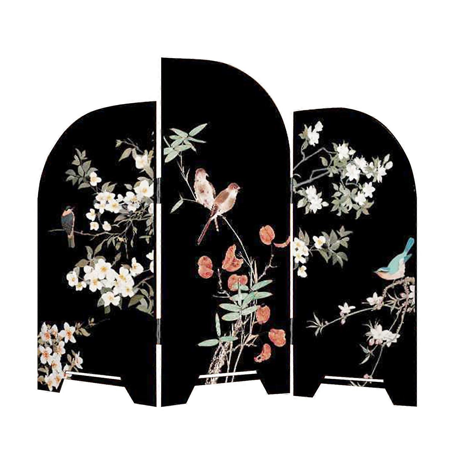 Mini Folding Screen Chinese Desktop Divider with Traditional Artwork and Bird Flower Patterns
