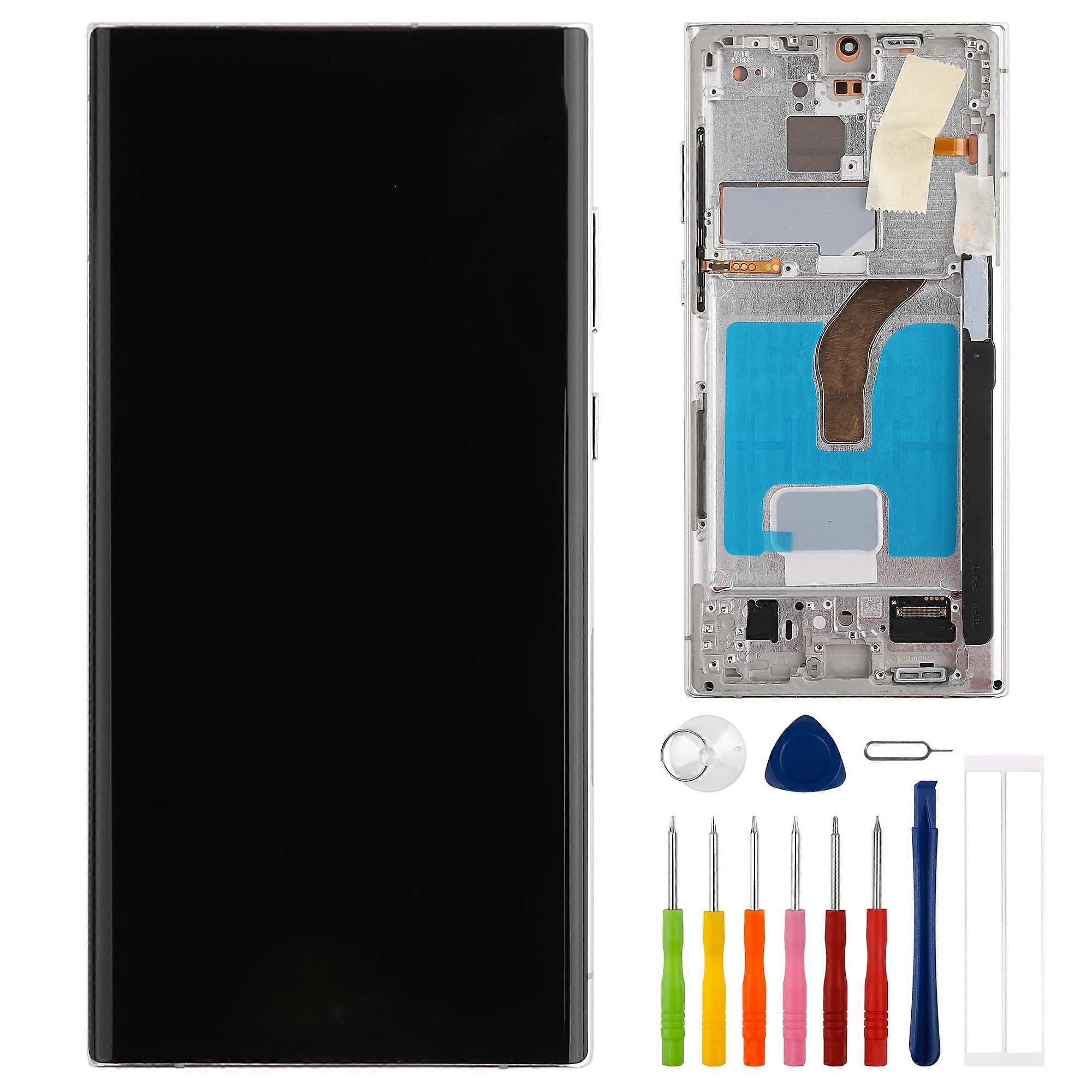 LCD Screen Replacement with Frame White Display Assembly with Tools for Samsung Galaxy S22 Ultra
