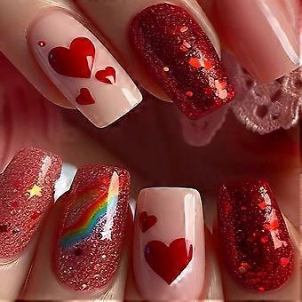 24-teiliges Set quadratischer künstlicher Fingernägel zum Aufkleben mit Kleber, French-Tip-Nägel für Valentinstag, sofortiger Salon-Look