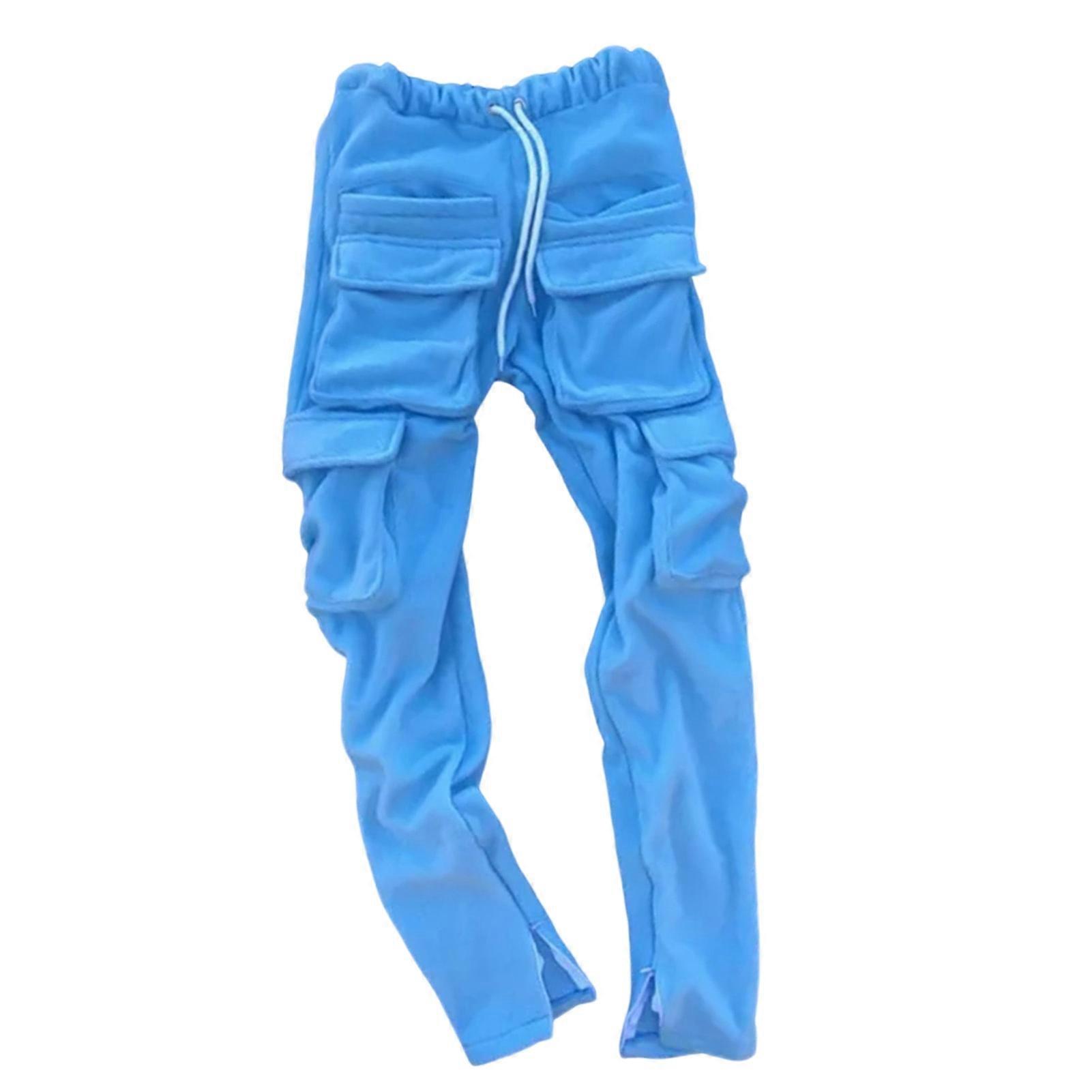 Cargo Pants Solid Color Elastic Waist Drawstring Windproof Autumn Winter Thicken Split Sweatpants