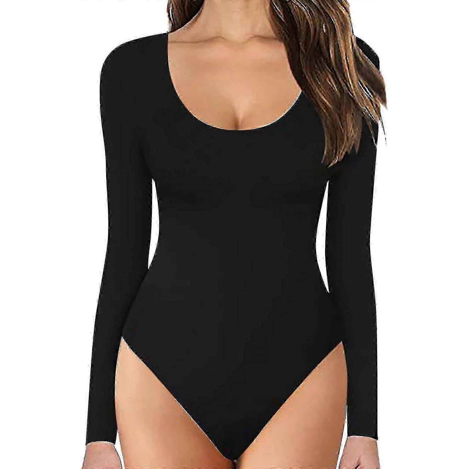 Women's Crew Neck Long Sleeve Bodysuit Double Lined Soft Basic Top KB