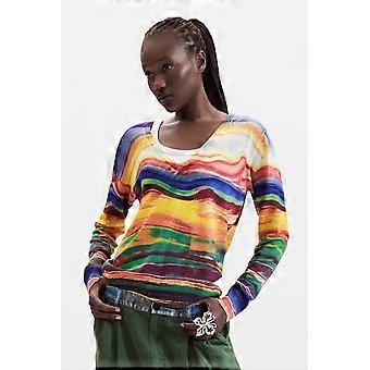 Desigual Terran Multicolored Wavy Stripe Print Fine Knit V-Neck Jumper 26WWJF37