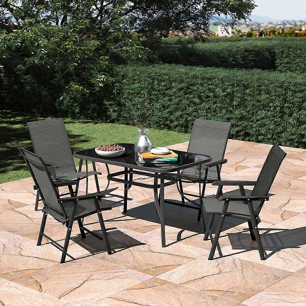 Set of 5 Garden 120CM Rectangle Glass Umbrella Table and Folding Chairs Set