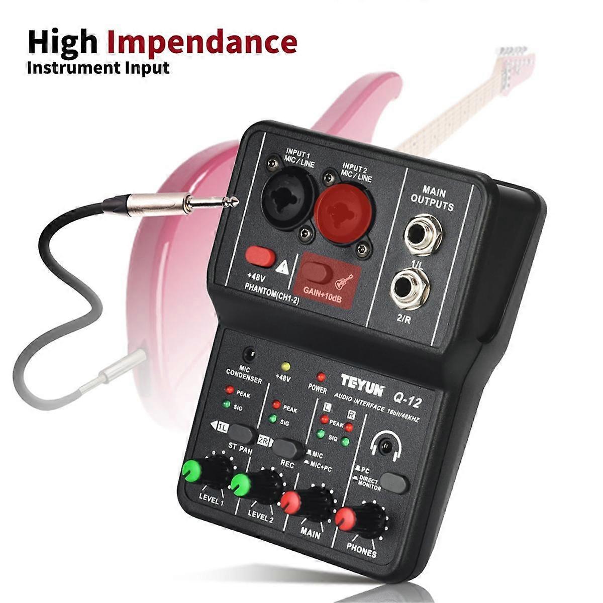 Q12 Datamaskin Opptak Lydkort 16bit / 48KHZ Bærbart Lydkort Mikser For Gitar Hjemmestudio Q12