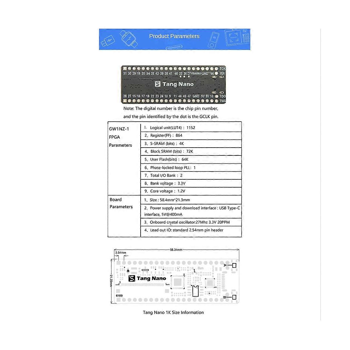 1Pcs Tang Nano Minimalist FPGA Development Board Straight Insert Breadboard Tang Nano 1K Developmen
