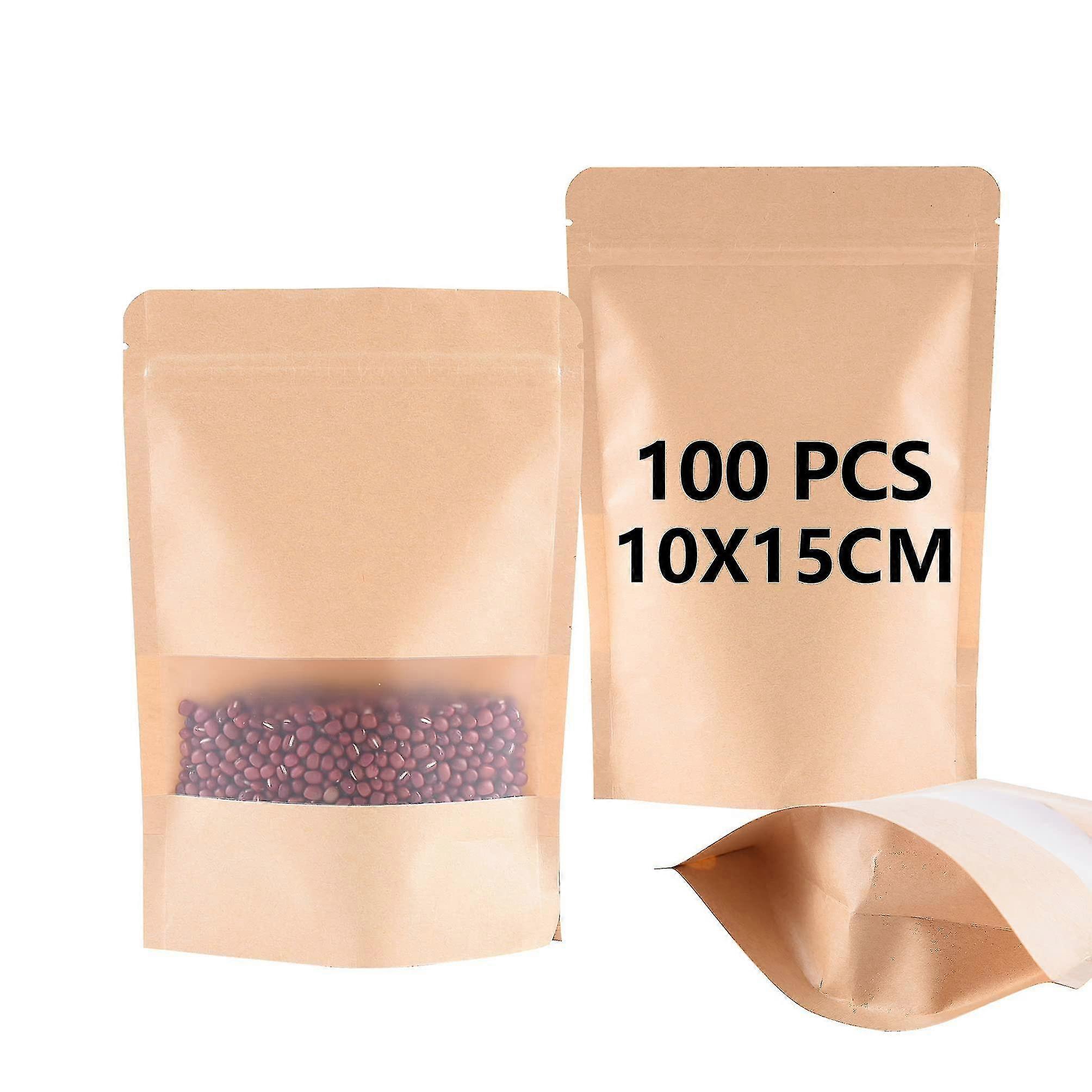 100pcs Kraft Paper Bag With Window,resealable Stand Up Pouch, Wholesale Food Packaging,waterproof And Moisture-proof