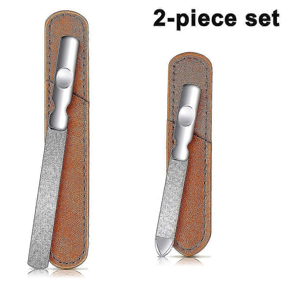 2pcs Stainless Steel Nail Files With Leather Case