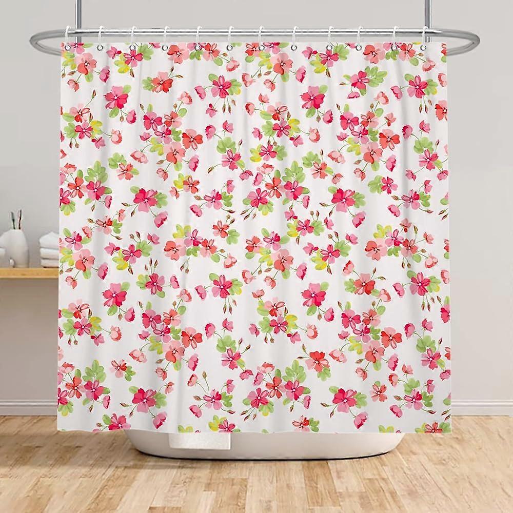 女の子のバスルームのためのピンクのシャワーカーテン赤い花生地防水家の装飾カーテン緑の葉花柄ポリエステル布バスタブカーテン