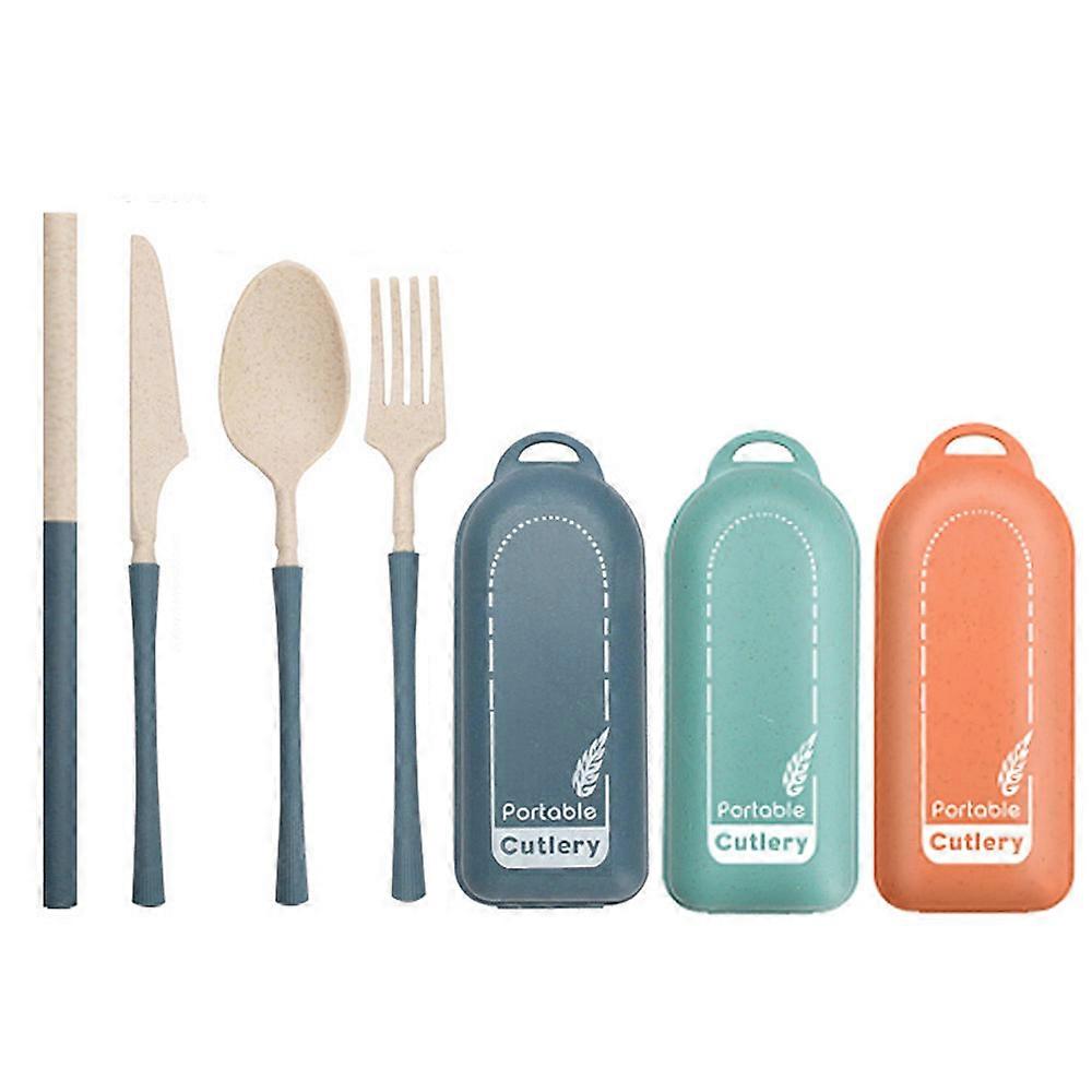 3Set Wheat Straw Cutlery Sets Lightweight Reusable Foldable Straw Spoon Knife Fork Tableware Set with Storage Case