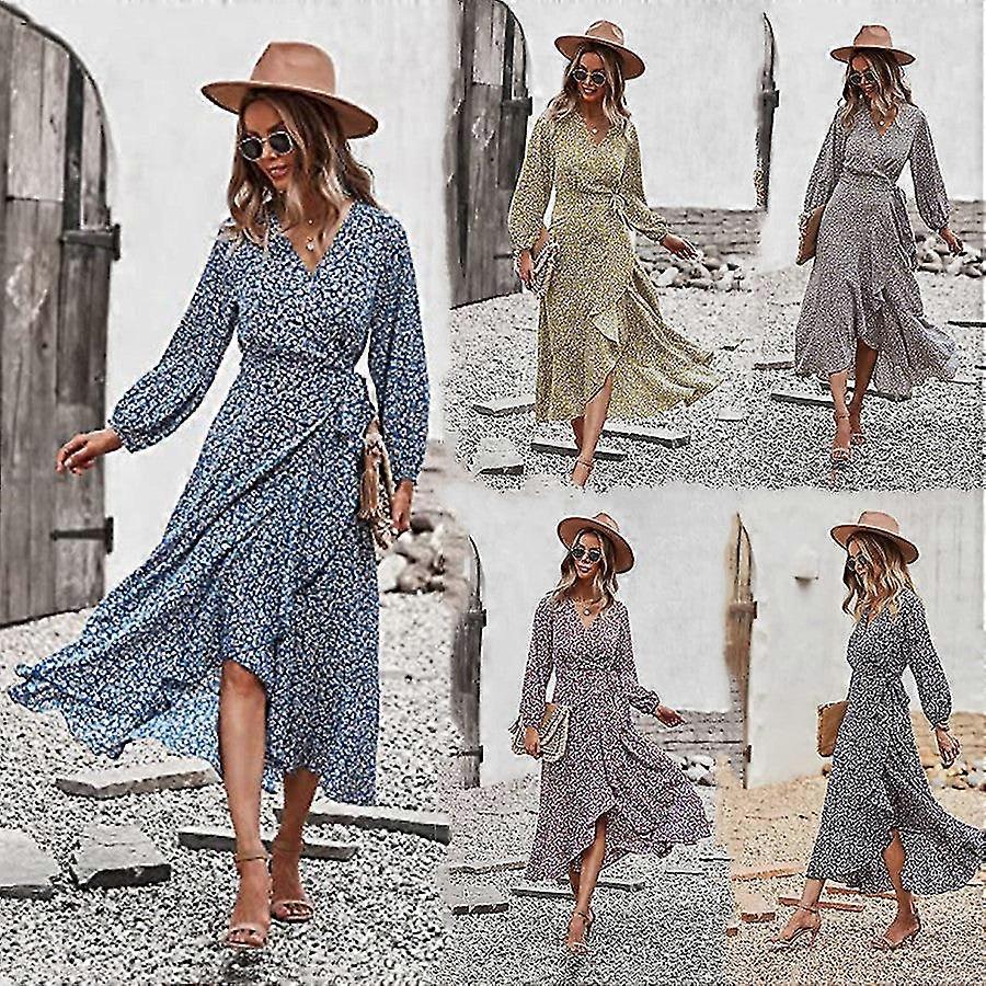 wrap dress long sleeve flowy summer dresses Women summer dress women's long sleeve wrap dress floral printed v-neck  dress autumn and winter Fruugo AE