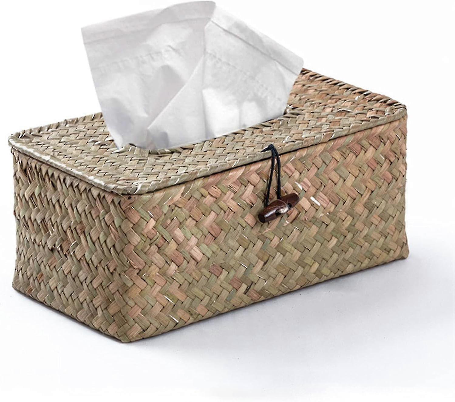 Handmade Natural Bamboo Rectangular Tissue Box, Straw Woven Rattan Tissue Dispenser For Kitchen, Bathroom And Office, 17 * 13 * 8cm (a)