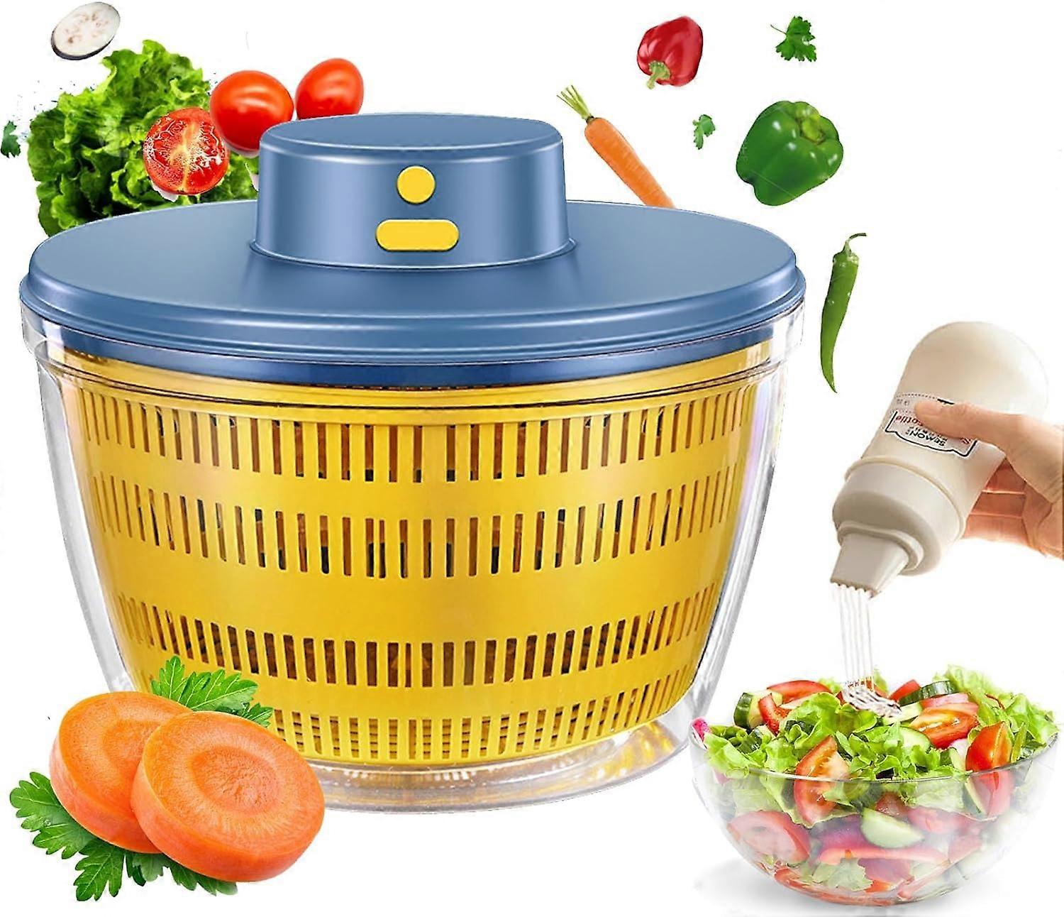 2-piece set Automatic Salad Spinner, 4000 ml Wireless USB Salad Spinner Dehydrator for Fruit Vegetables, with Squeeze Sauce Bottle, Large Capacity Let