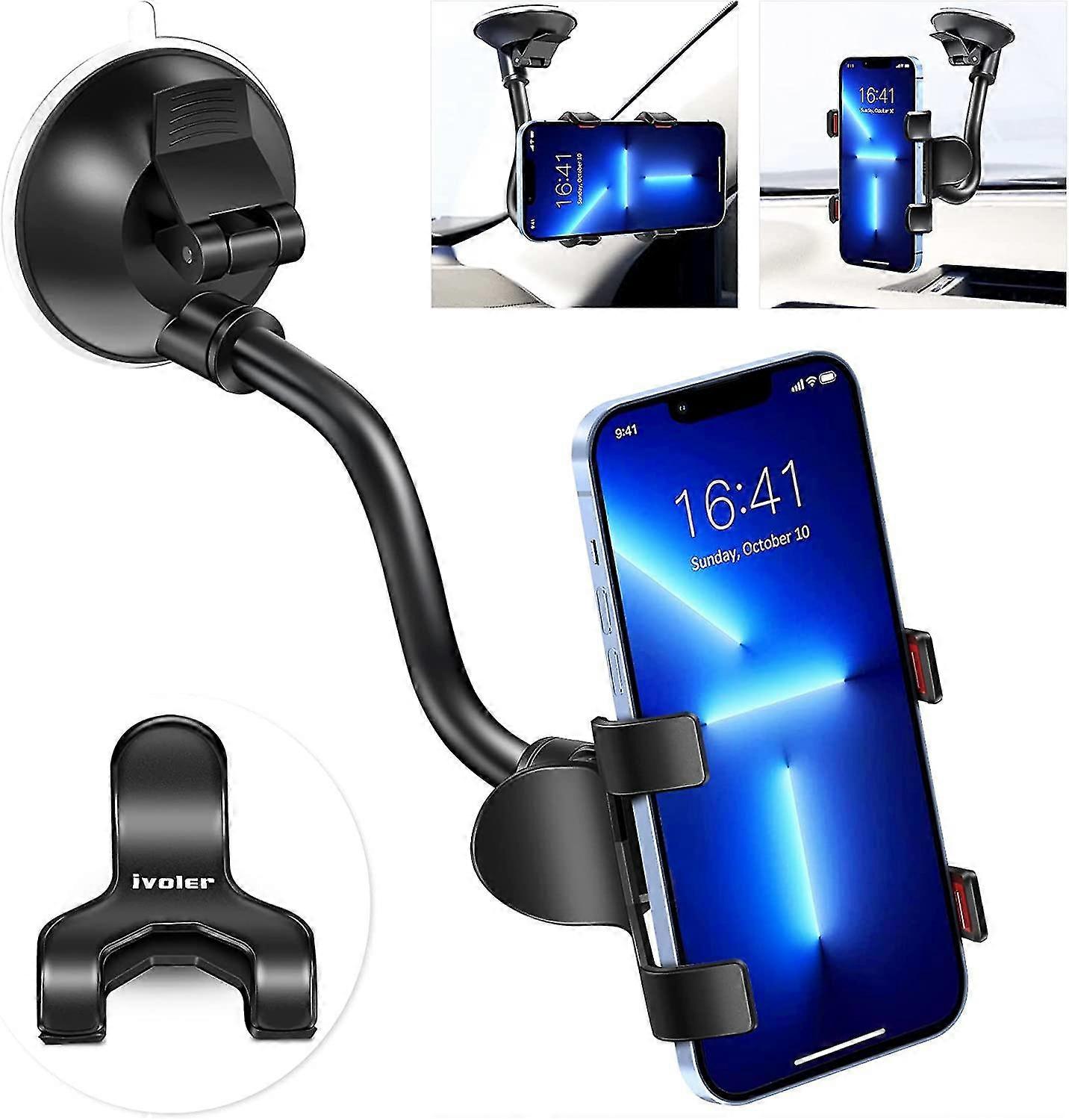 Car Phone Mount Windshield, Long Arm Clamp Universal Windshield With Double Clip Strong Suction Cup Cell Phone Holder Compatible With Iphone 13 12 11-
