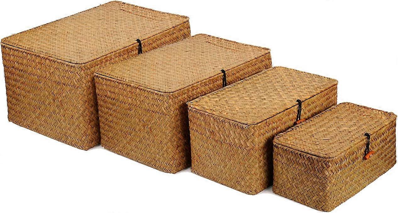 Cesto portaoggetti in vimini con coperchi, cesto di alghe, scatola intrecciata, organizer per ripiani in rattan, set di 4