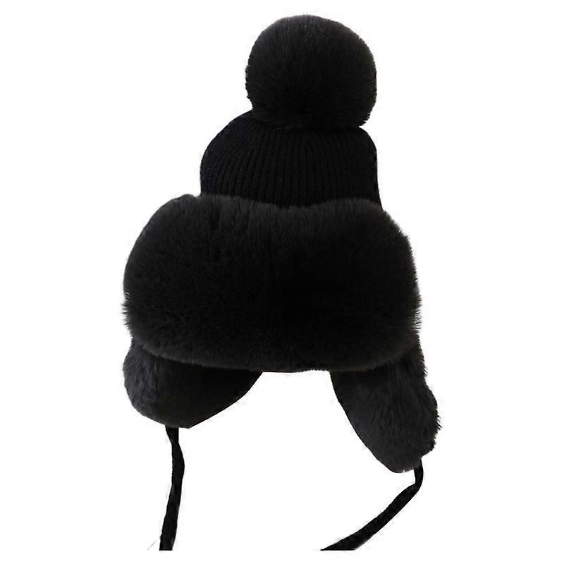 Earflap Hat Plush Lining Solid Color Ear Cap Pompom Conical Top Winter Windproof No Brim Knitting Bomber Trapper Cap for Outdoor JIKAIX