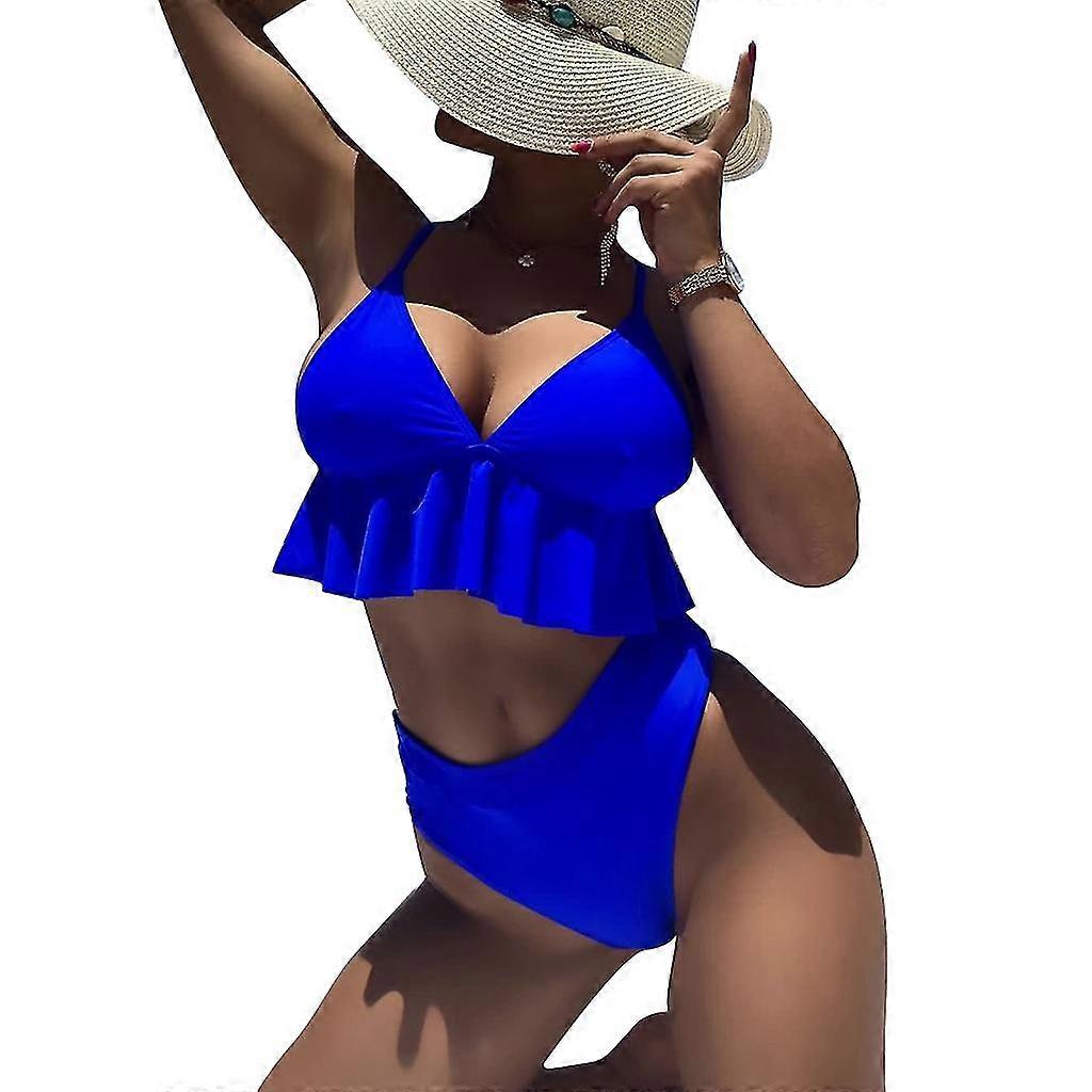 Womens Ruffled Bikinis Two-pieces Solid Color Bikinis Sexy V-neck Bathing Suits