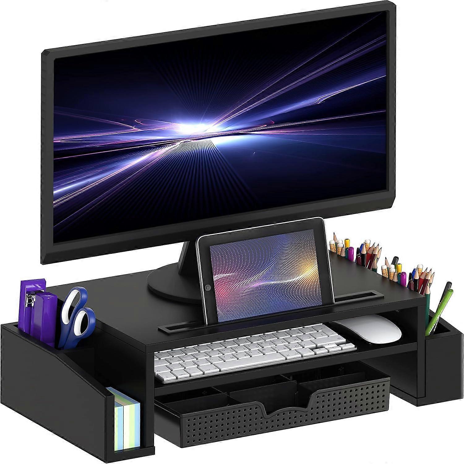 pleHouseware Computer Monitor Stand Riser with Desk Organiser and Drawer, Black Black