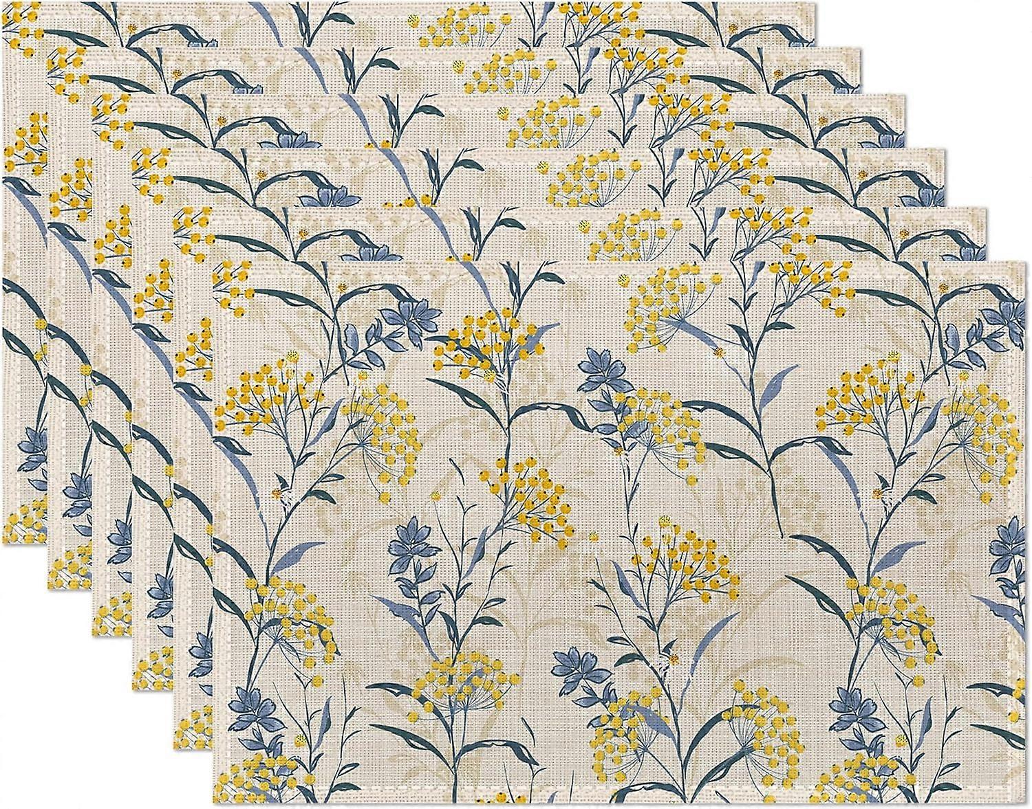 Sets de table de plantes florales vintage ensemble de 6, tapis de table bleu jaune antidérapant résistant à la chaleur lavable Set de table pour la décoration de table à manger de cuisine de fête Ind