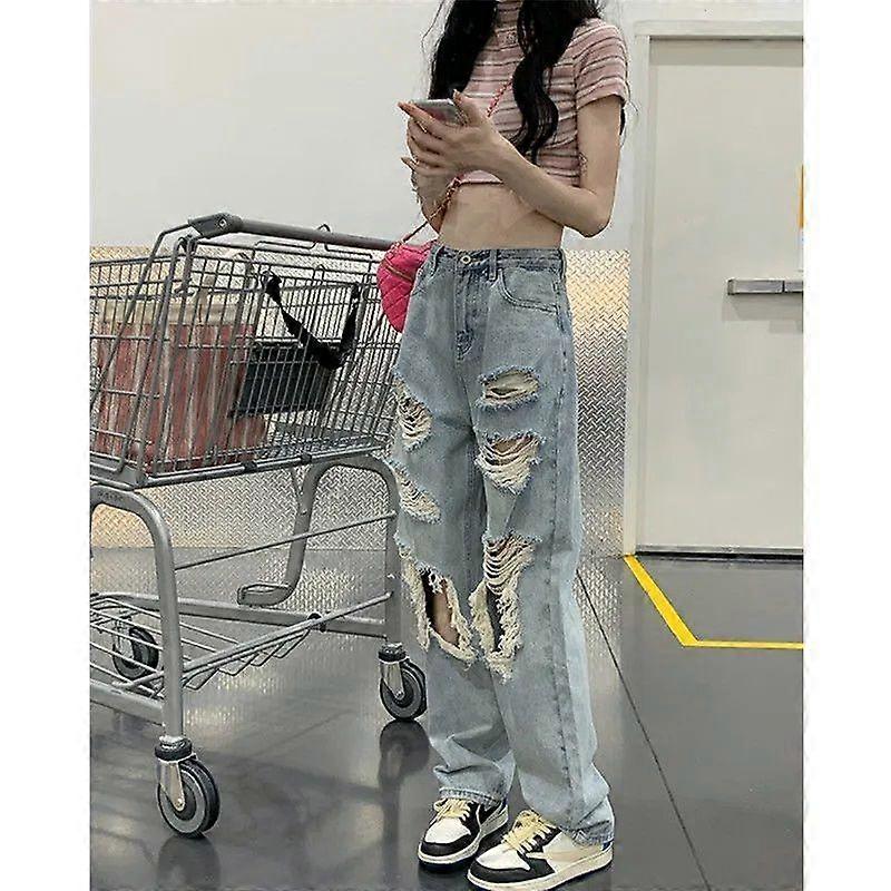 New Fashion High Quality Design Sense Large Size Washed Ripped Jeans Women Summer Spice Girls High Waist Straight Loose Jeans