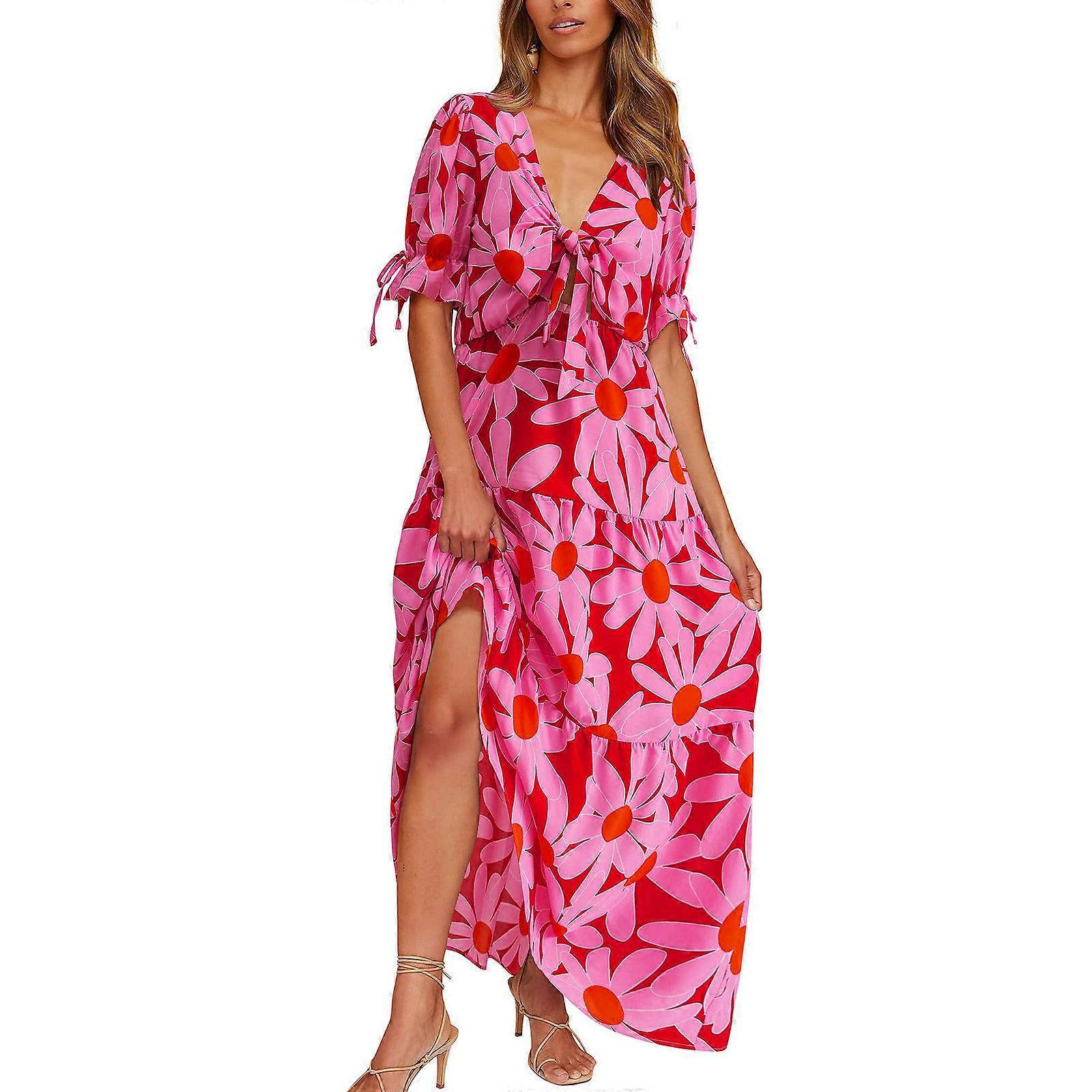 Women's Summer Floral Midi Dress Cap Sleeve V Neck Ruffle Long Flowy Boho Casual Beach Vacation Dresses Green XXL