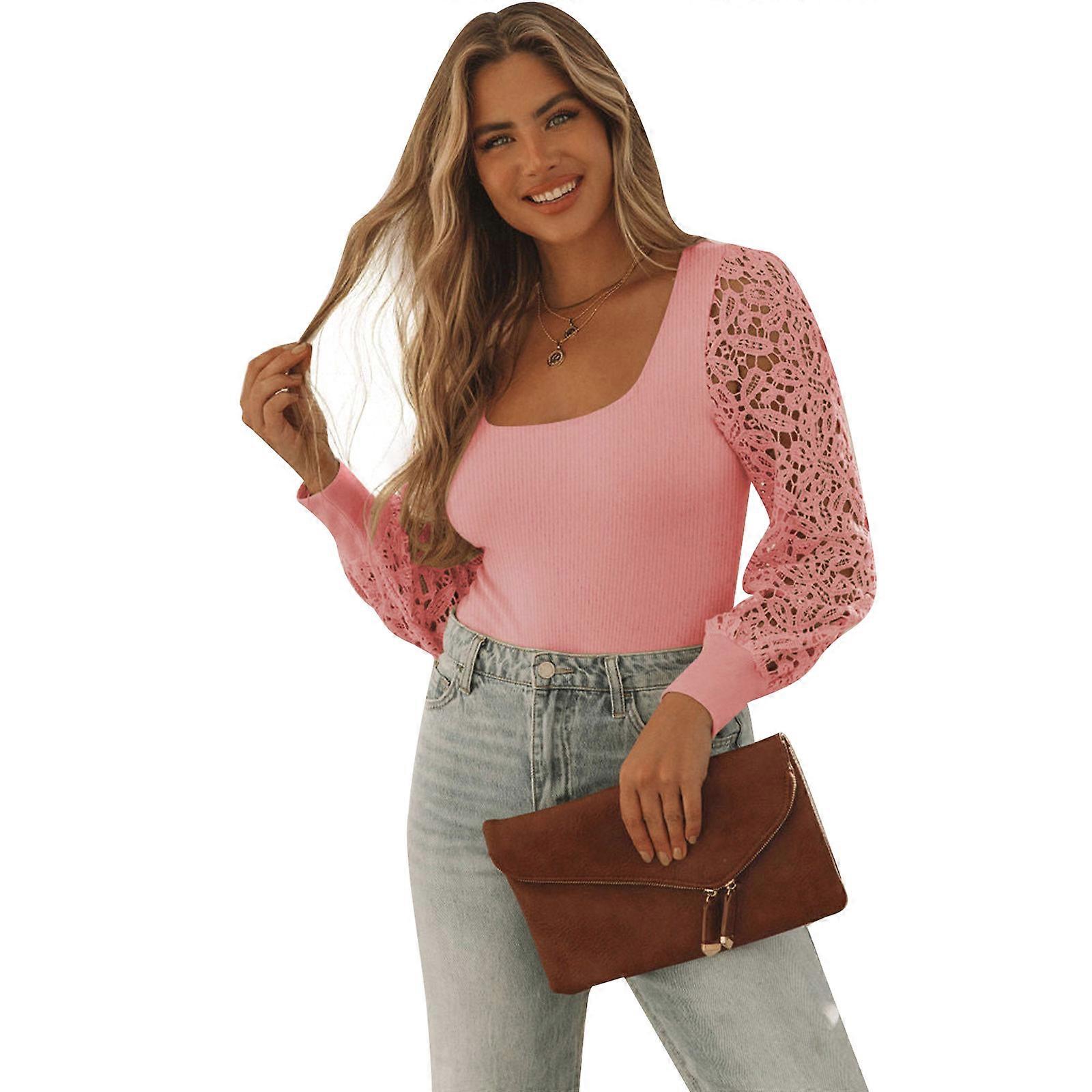 Kadın Tığ İşi Dantel Fener Uzun Kollu Gömlekler Seksi Kare Yakalı Kaburga Örgü Slim Fit Günlük Bluz Kazak Üstü Pembe XL