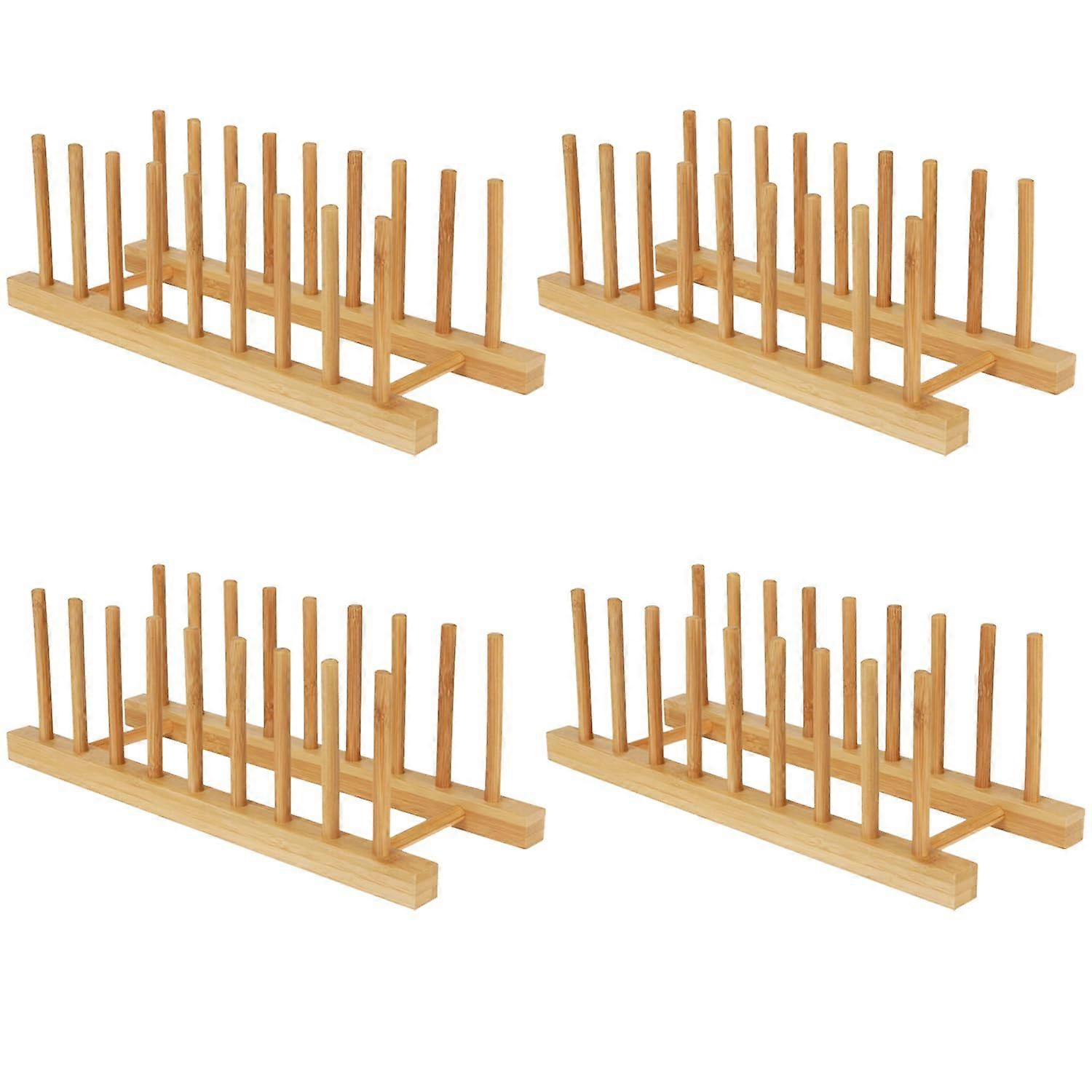 Bamboo Dish Drying Rack 4 Pack - Kitchen Organizer for Plates, Pots, and Lids, Space-Saving Cabinet Storage Solution