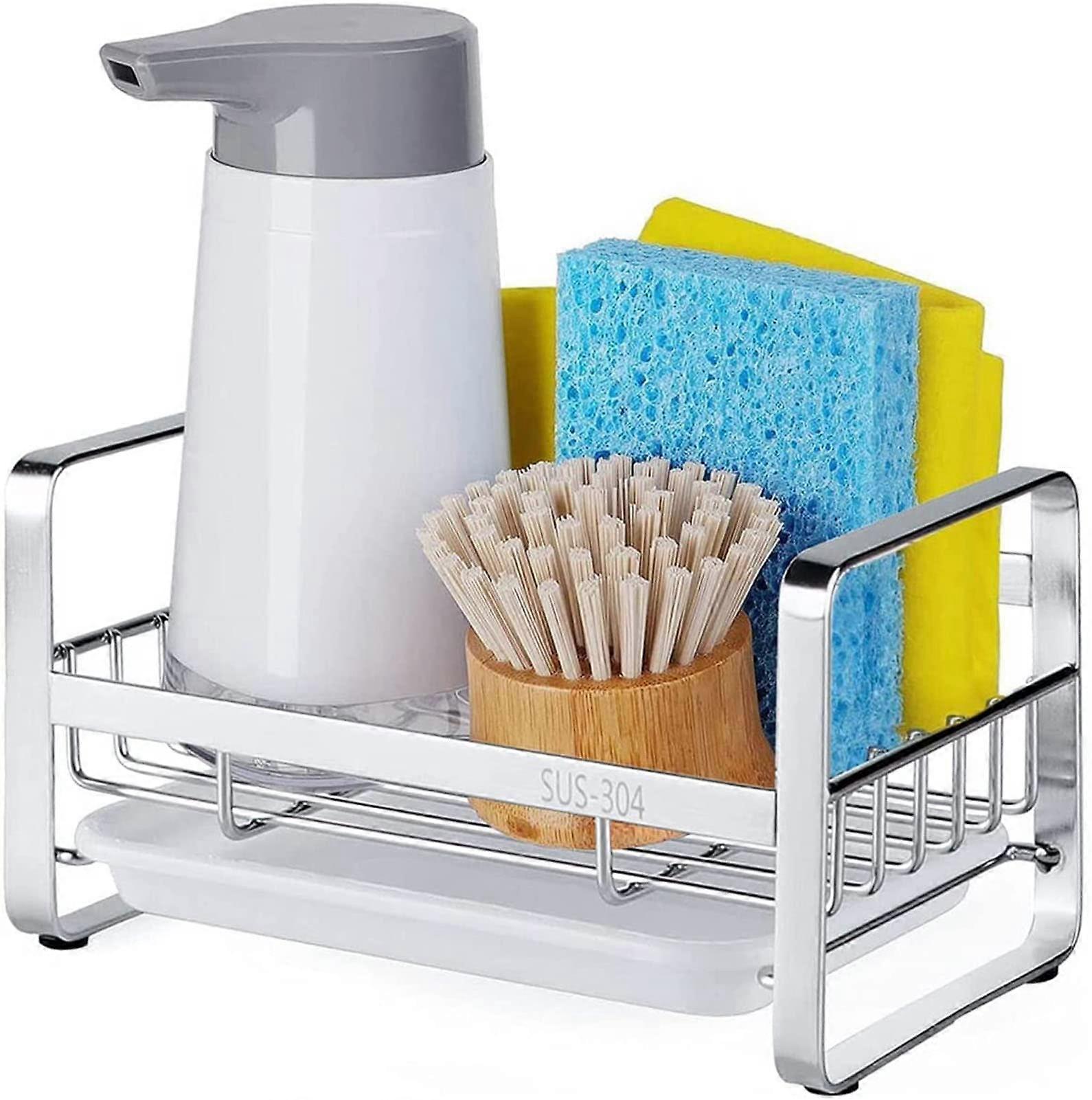 Kitchen Sink Sponge Holder - 304 Stainless Steel Soap Dispenser Caddy with Removable Drain Tray and Countertop Storage, Silver