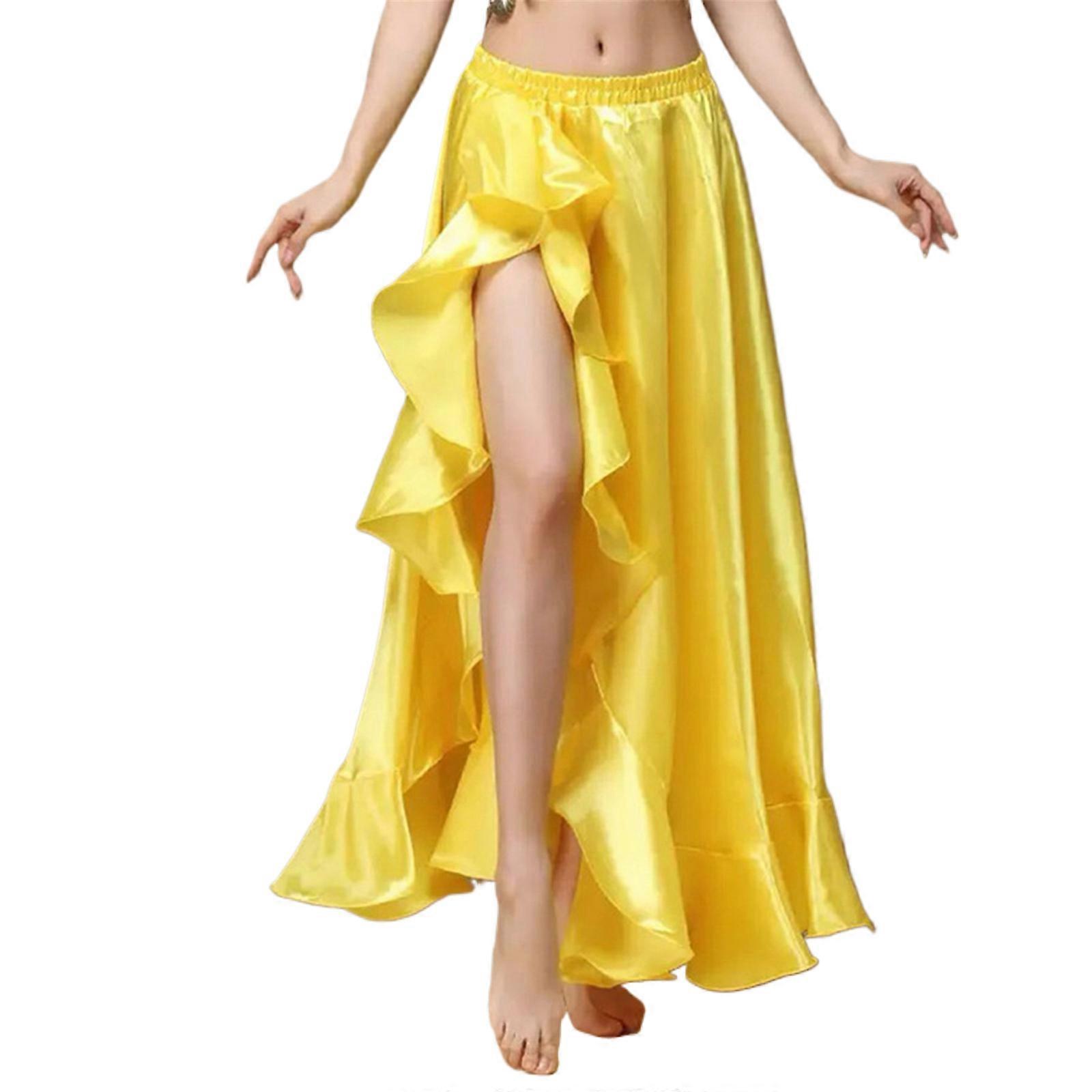 Femmes filles longue jupe danse du ventre jupe ourlet roulé jupe Costumes de danse du ventre Sexy côté split jupe pour danse du ventre jaune M