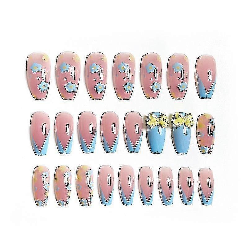 24pcsボウフラワープリントネイルパッチ接着剤タイプ取り外し可能なロングパラグラフファッションマニキュアセーブ