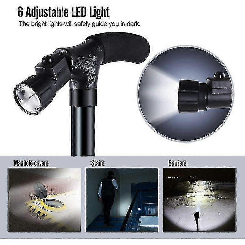 Folding Walking Rod With Led Light, Adjustable Height Foldable Walking Stick For The Elderly, Foldable And Portable - Black SZRH A-F