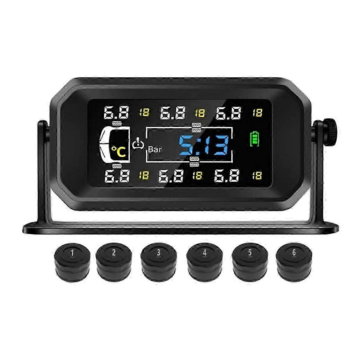 Car RV Truck TPMS 6 Wheels Sensor Solar Tire Pressure Monitoring System Temperature Clock Air Pressu