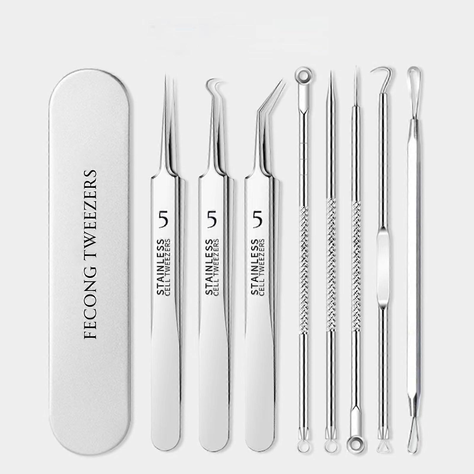 Stainless Steel Blackhead Removal Kit, 8-Piece Precision Tweezers with Storage Case for Facial Care