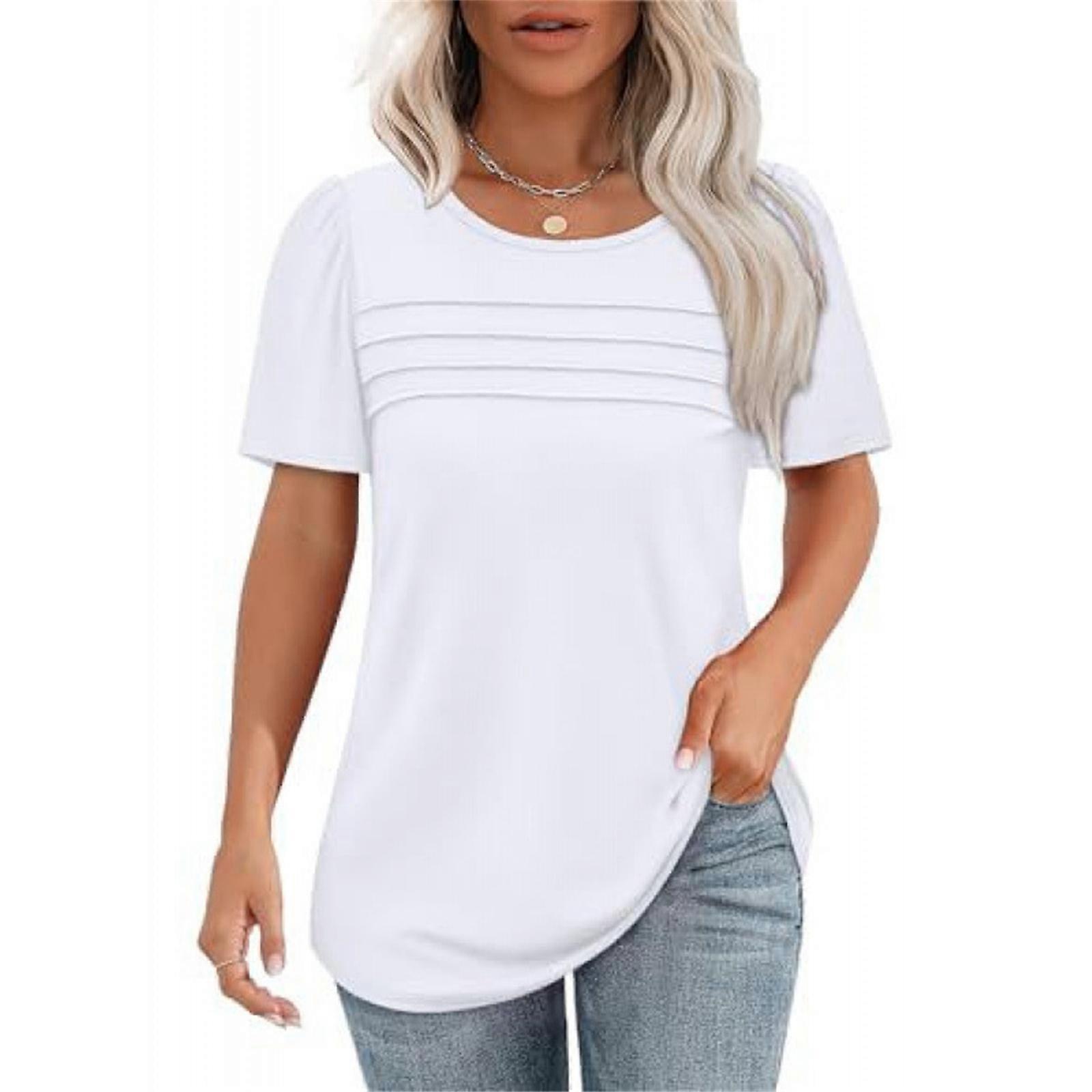 Loose Fit Casual T-Shirt for Women Pleated Front Design Summer Tunics Top Short Sleeve Solid Color Curved Hem Blouse  White XL