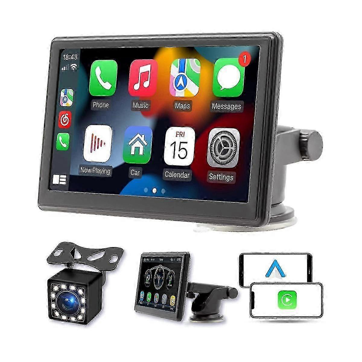 Portable Wireless Carplay Screen Dash Mount, 7 Inch Touch Screen Car Stereo Bluetooth, FM Car Radio, Rear Camera, USB