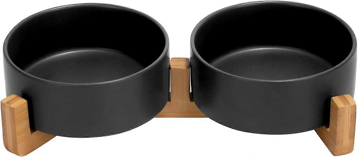 400ml ceramic double layer dog food bowl with bamboo stand, suitable for cats and dogs