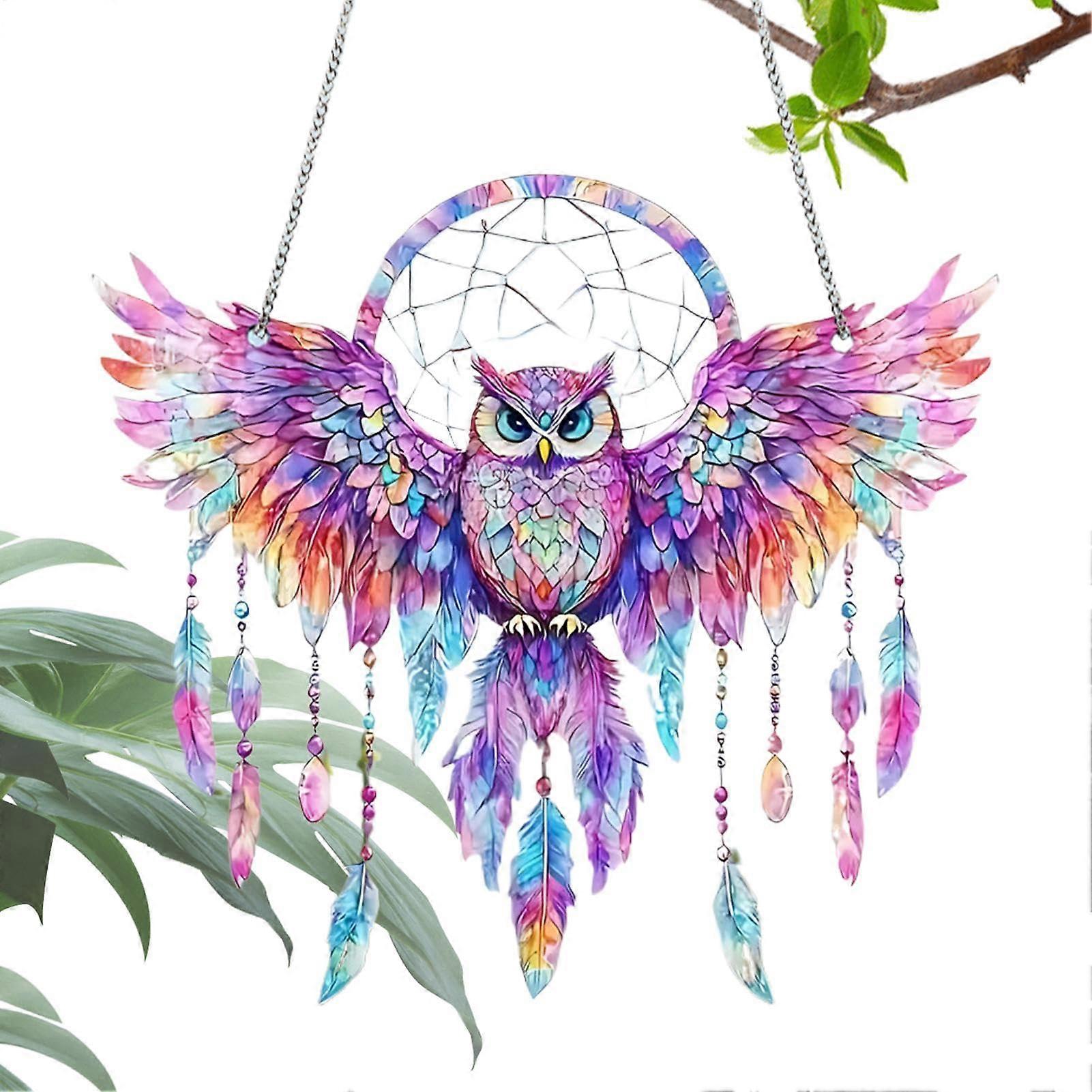 Owl Sun Catcher 2D Acrylic Dream Catcher with Colorful Feather Wings, 20 x 17 cm, Hanging Ornament for Living Room and Bedroom