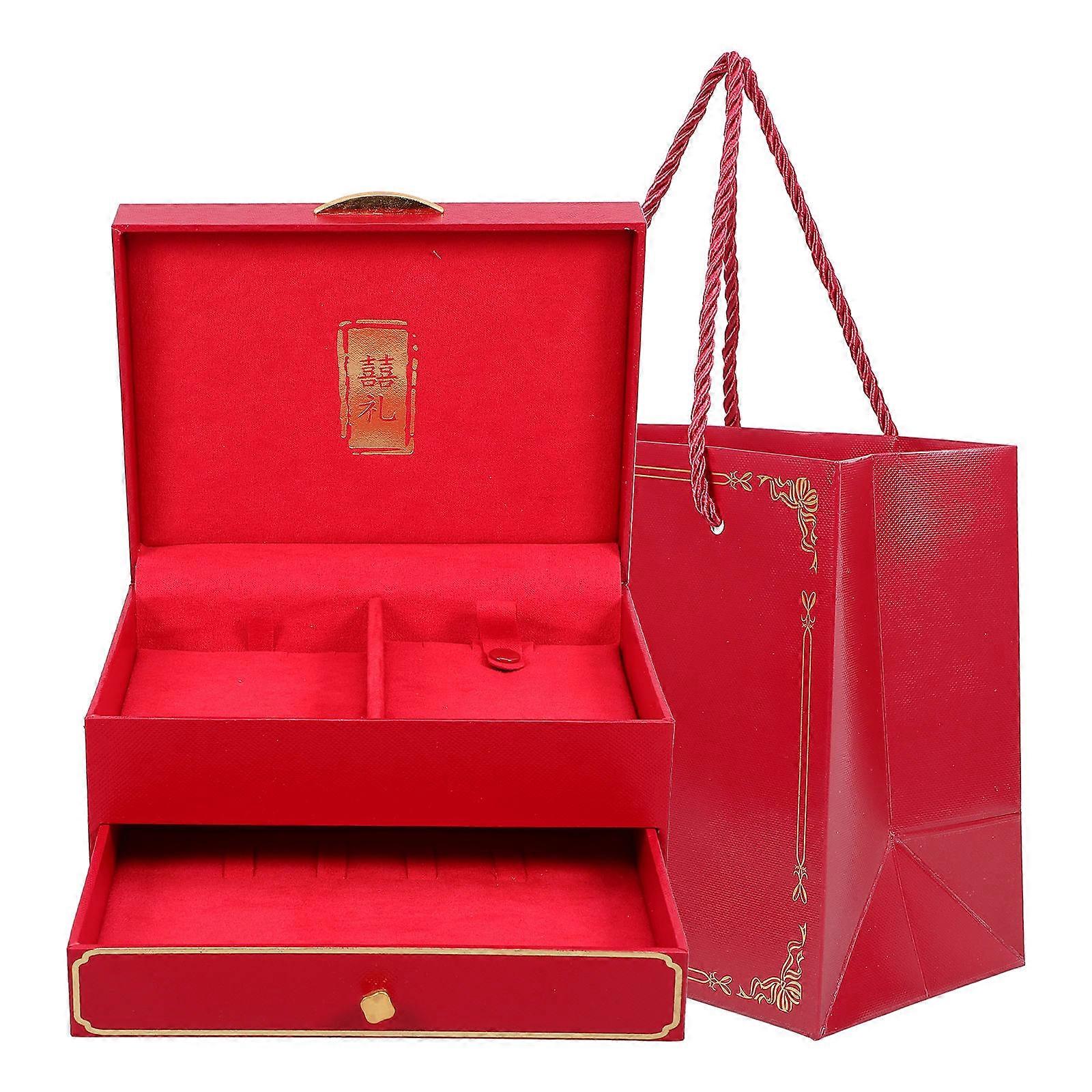 Jewelry Box for Brides Wedding Storage Case Double Layer Chinese Style for Necklace Bracelet Ring Small Trinkets Red 17.00X14.80X10.00cm 1Set