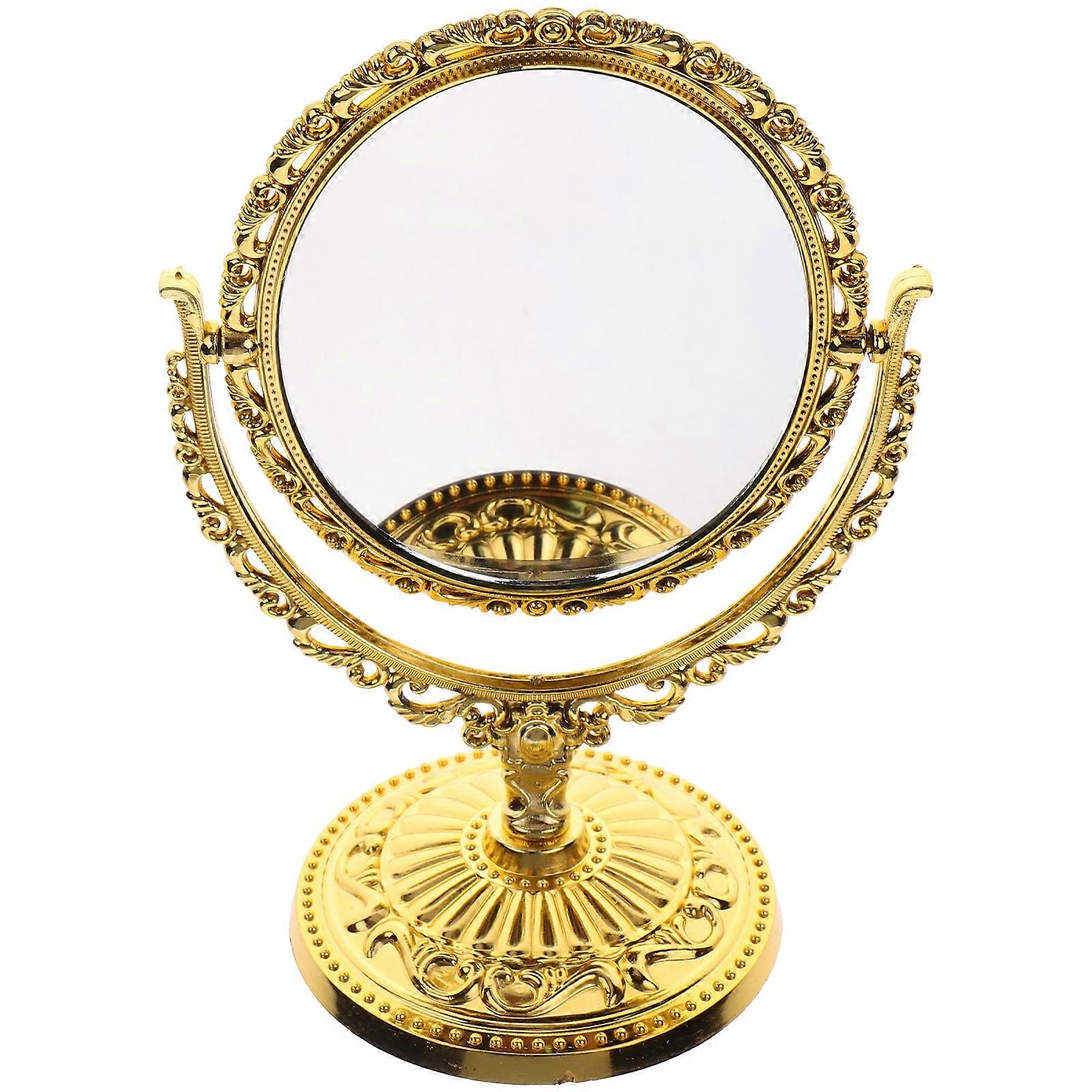 デスクメイクアップミラーヨーロピアンデスクトップメイクアップミラー楕円形ヴィンテージヨーロピアンスタイルダブルサイドミラーゴールデン8.7x12.3cmメイクアップアプリケーション1パック
