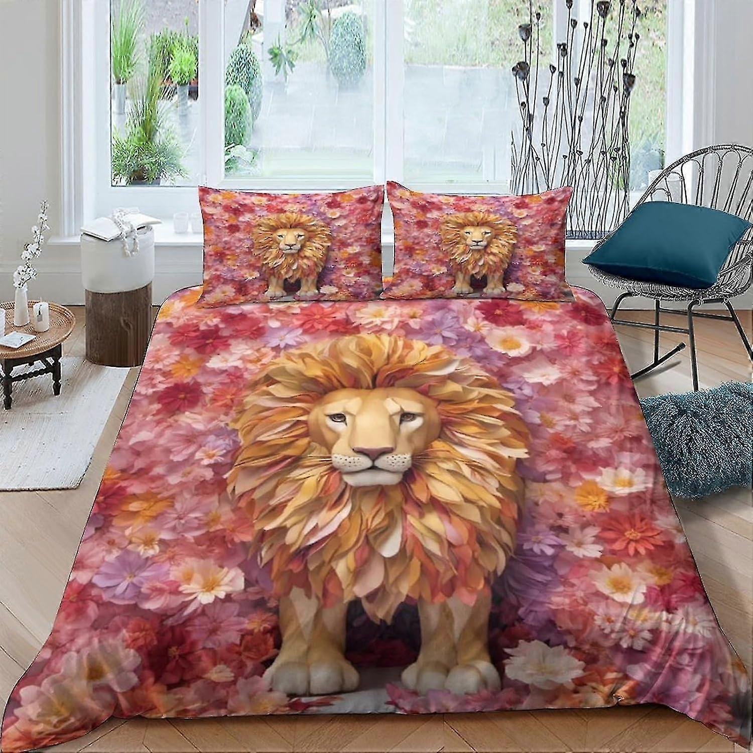 Lion Duvet Cover Sets - 3D Quilt Cover Bedding Set for Kids with Zipper Closure Soft Microfiber Double 3 Piece Set