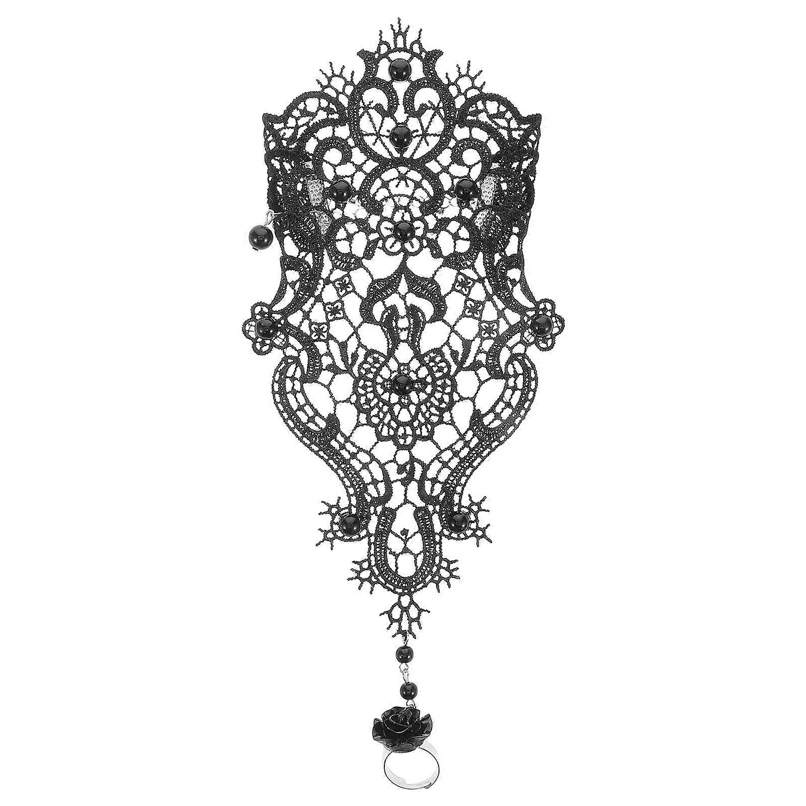 Black Lace Bracelet with Ring Elegant Evening Accessory for Dresses, Costumes, Dance Parties and Formal Occasions